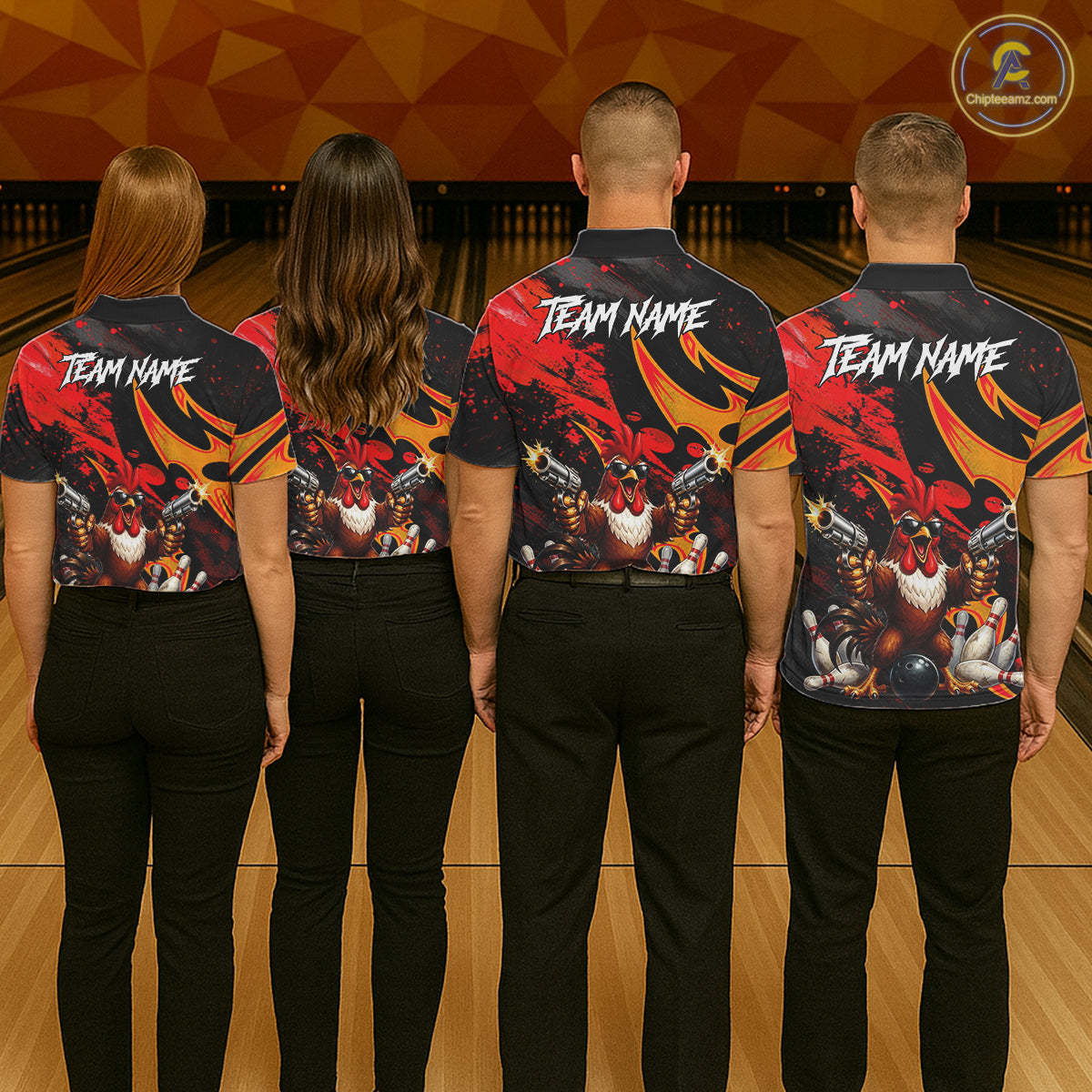 Red And Yellow Rooster Gun Men Bowling Shirt Custom Funny Grunge Cute Bowling Team Outfits NYN3279