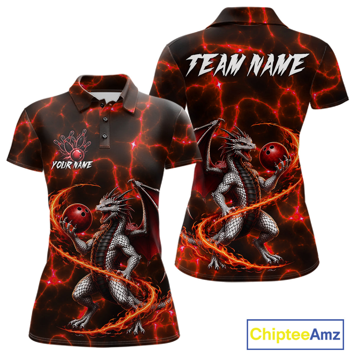 Red Lightning Dragon Bowling Polo Shirt For Women Custom Fire Flame Bowling Team Outfits