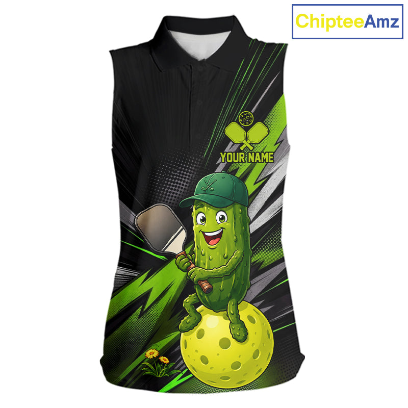 Funny Grunge Pickle Women's Pickleball Sleeveless Polo, Personalized Funny Pickle Polo, Pickle Mascot Tournament Apparel, Humorous Paddle Sports Shirt, Fun Team Uniform