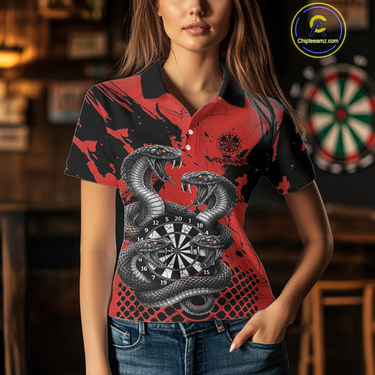 Black And Red Multi Cobra Grunge Dartboard Custom Women Polo Darts Shirt Dart Gifts NYN2018