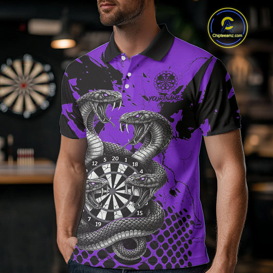 Black And Purple Multi Cobra Grunge Dartboard Custom Men Polo Darts Shirt Dart Gifts NYN2019