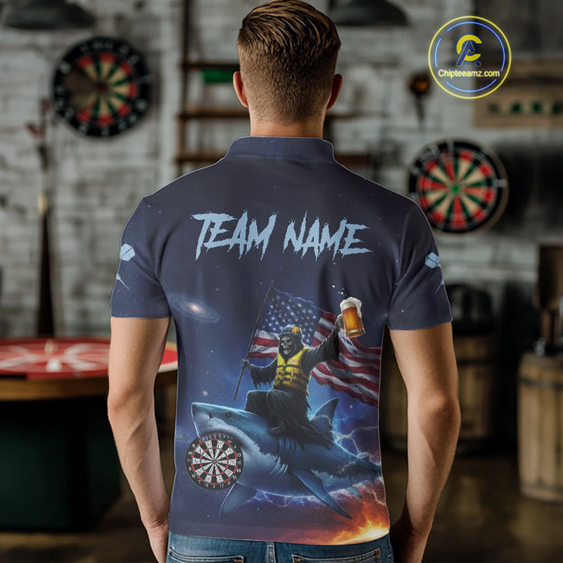 Funny Shark & Skull US Flag Dartboard Custom Men Polo Darts Shirt Dart Jersey NYN2020