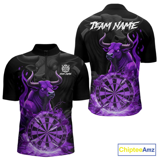 Purple Funny Bull Fire Flame Dartboard Custom Men Darts Quarter-Zip League Shirts Dart Jerseys NYN2243