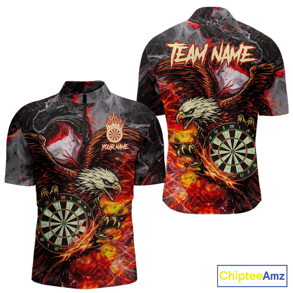 Red Smokes Flaming Eagle Dartboard Custom Men Darts Quarter-Zip League Shirts Fire Dart Jerseys NYN2252