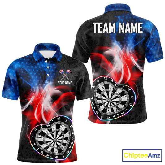 Smoke US Flag Colorful Heart Dartboard Men Darts Valentine Shirt Custom Dart Polo Couple Gifts NYN2544