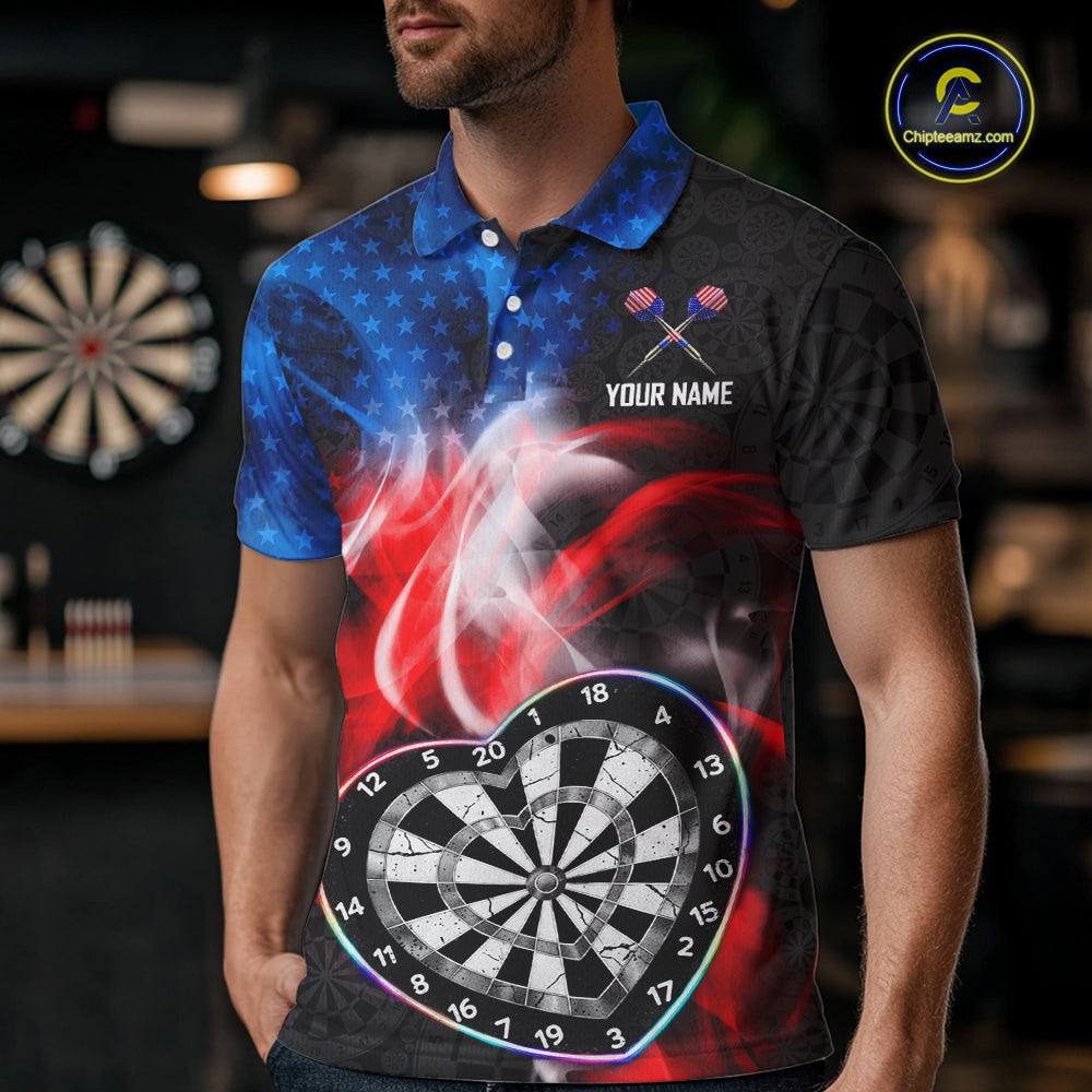 Smoke US Flag Colorful Heart Dartboard Men Darts Valentine Shirt Custom Dart Polo Couple Gifts NYN2544