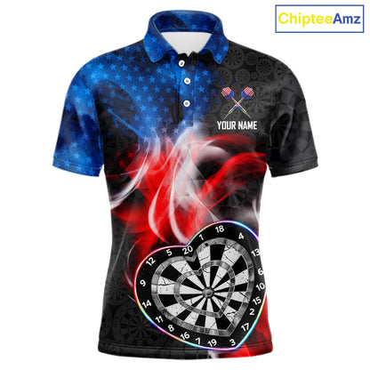 Smoke US Flag Colorful Heart Dartboard Men Darts Valentine Shirt Custom Dart Polo Couple Gifts NYN2544