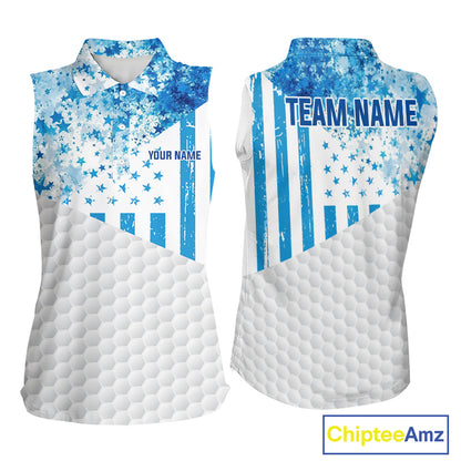 White And Blue American Flag Sleeveless Golf Polos Shirts For Women Custom Patriotic Golf Attire NYN2913