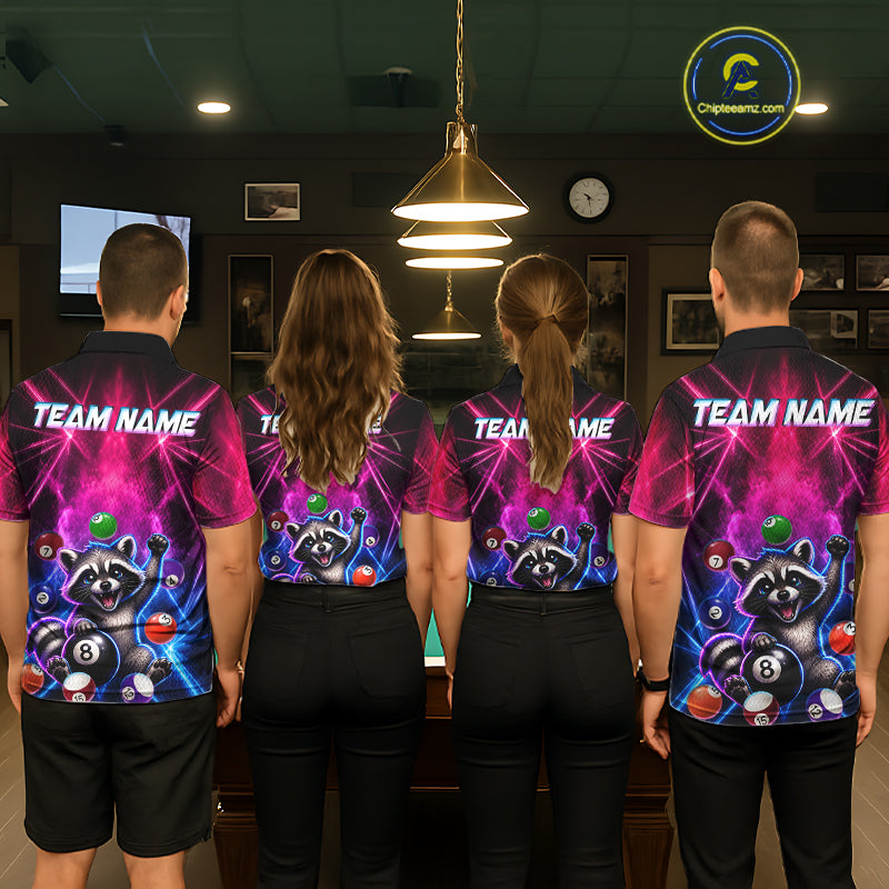 Funny Raccoon 8 Ball Pool Pink & Blue Smokes Mens Polo Shirts Custom Billiard Apparel, Billiard Gifts NYN3295