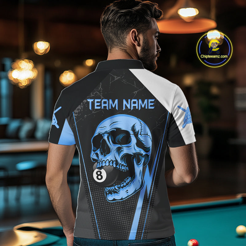 Black And Blue Grunge Skull 8 Ball Billiard Pool Shirts For Men Custom Skull Billiard Team Apparel NYN3299