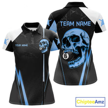 Load image into Gallery viewer, Black and blue skull 8 ball billiard polo pool shirt for women custom apparel