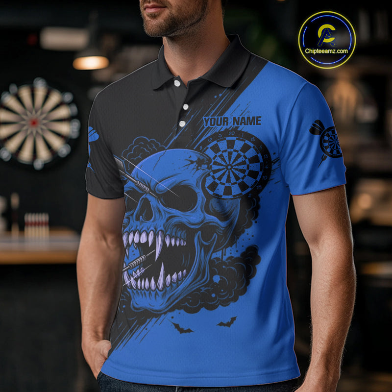 Custom Blue Horror Skull Smokes Dartboard Men Polo Dart Shirt Grunge Dart Jerseys NYN2028