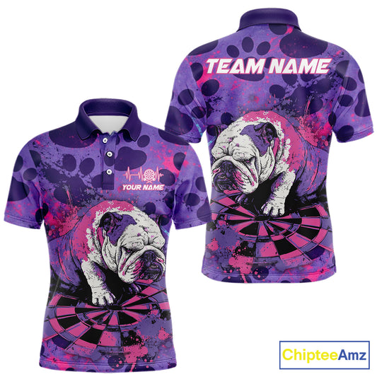 Pink & Purple Splatter Funny Lazy Bulldog Custom Men Darts Polo Shirts Dart League Jerseys NYN2256