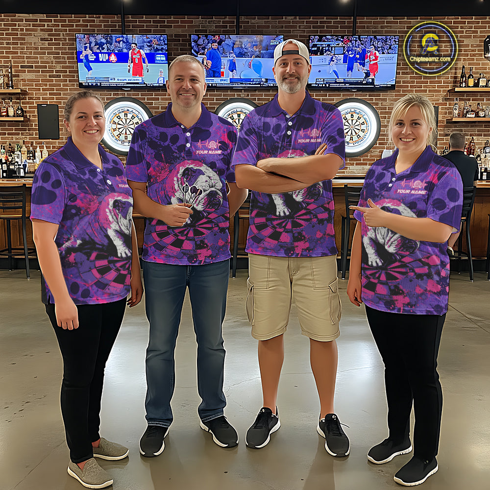 Pink & Purple Splatter Funny Lazy Bulldog Custom Men Darts Polo Shirts Dart League Jerseys NYN2256