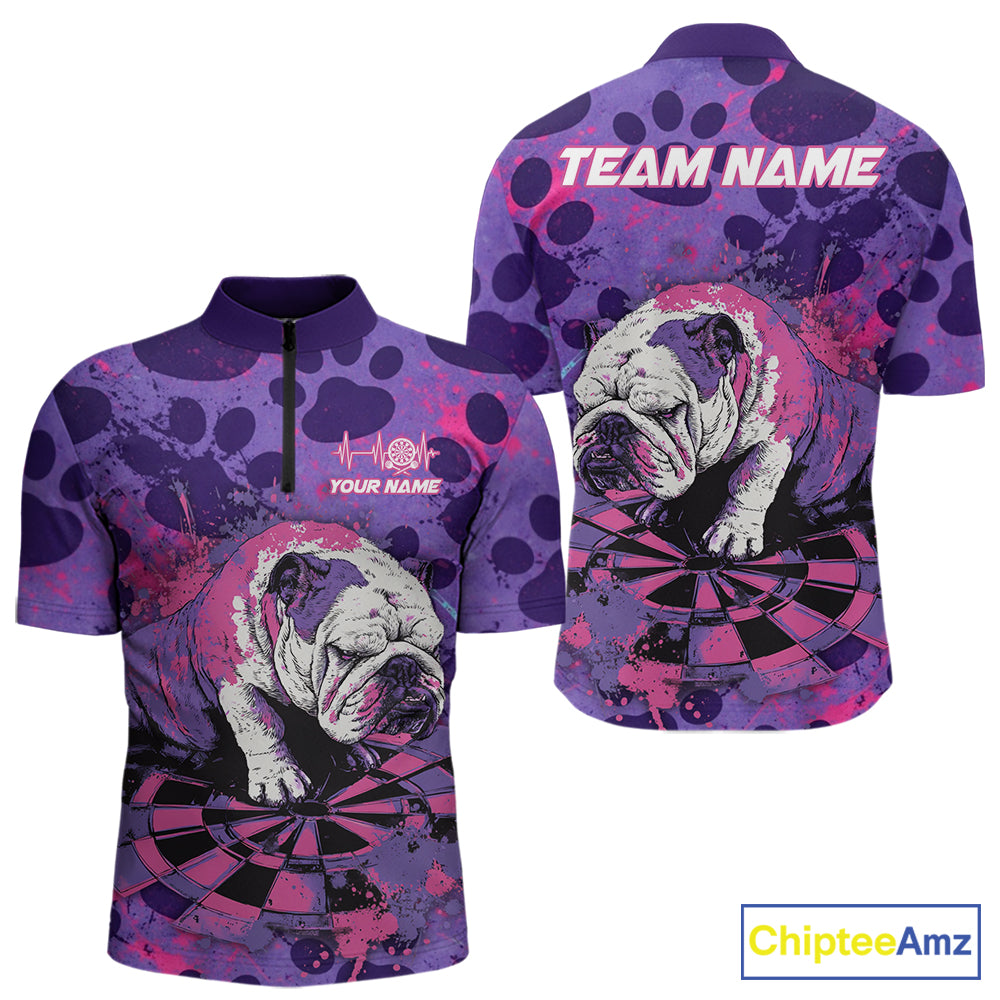 Pink & Purple Splatter Funny Lazy Bulldog Custom Men Darts Quarter-Zip Shirts Dart League Jerseys NYN2256