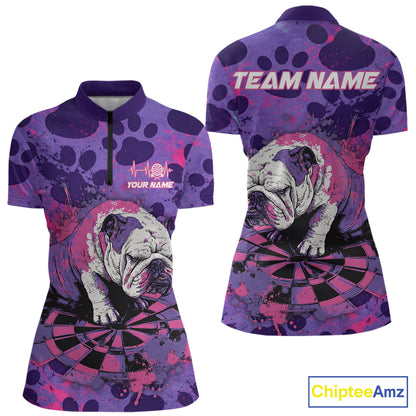 Pink & Purple Splatter Funny Lazy Bulldog Custom Women Darts Quarter-Zip Shirts Dart League Jerseys NYN2256