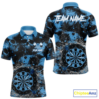 Blue Grunge Skull Cracked Glass Dartboard Custom Men Darts Polo Shirts Dart Team Jerseys NYN2258