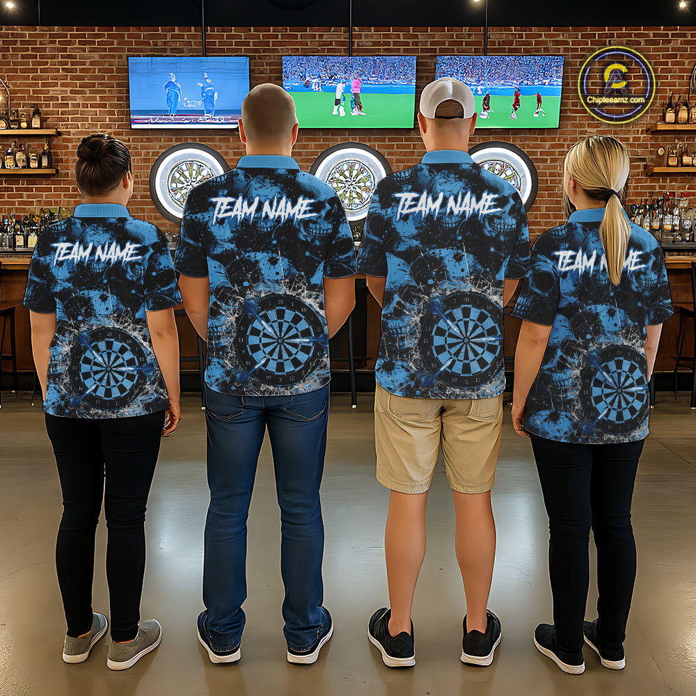 Blue Grunge Skull Cracked Glass Dartboard Custom Women Darts Quarter-Zip Shirts Dart Team Jerseys NYN2258