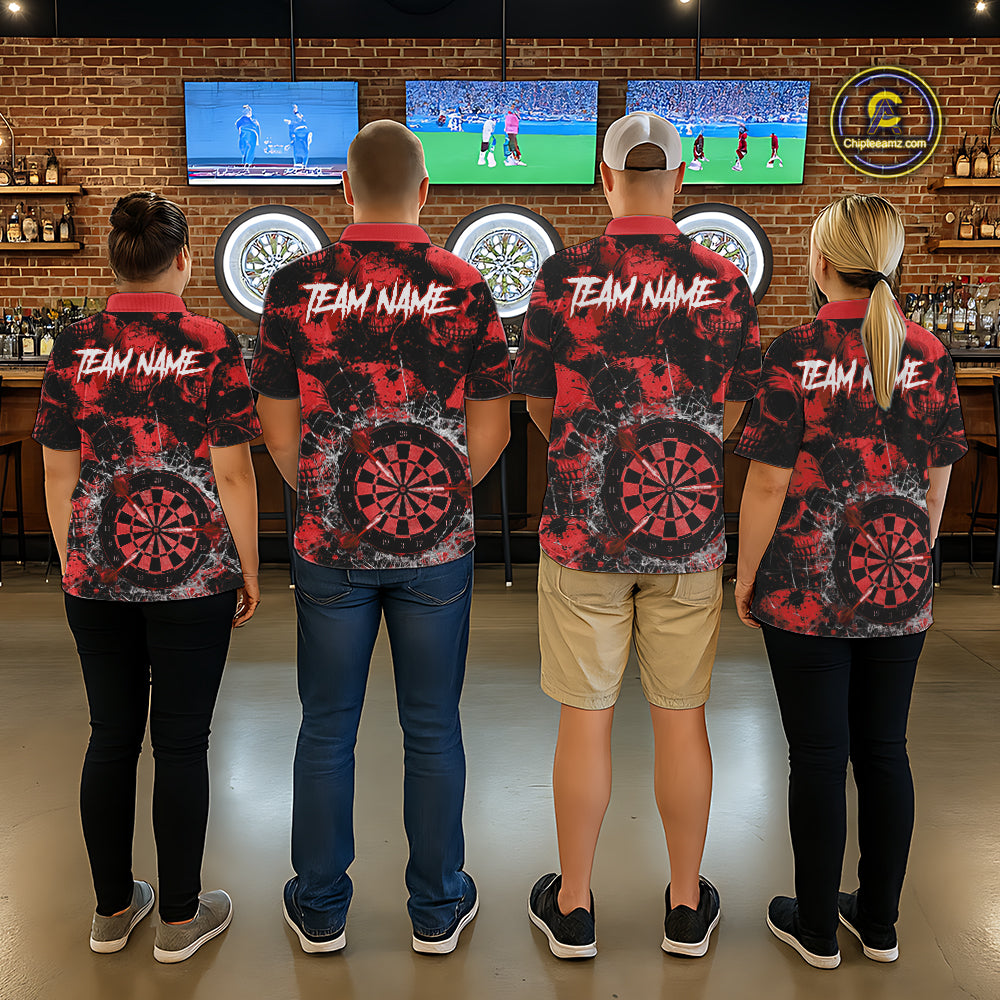 Red Grunge Skull Cracked Glass Dartboard Custom Women Darts Quarter-Zip Shirts Dart Team Jerseys NYN2259