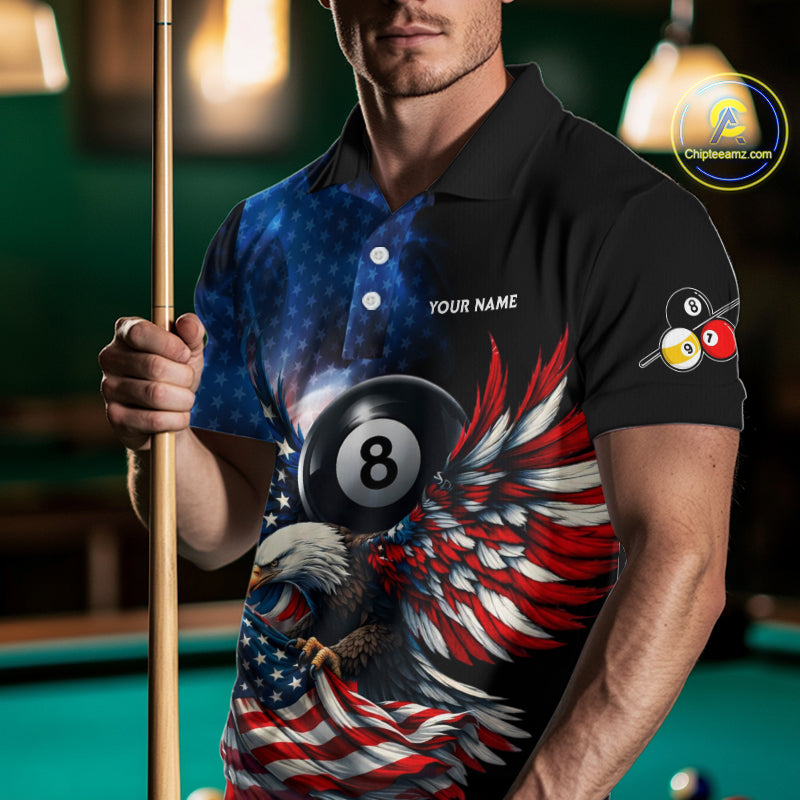 US Flag Eagle Pool 8 Ball & 9 Ball Men's Billiard Shirt Custom Freedom Patriotic Billiard Attire NYN2548