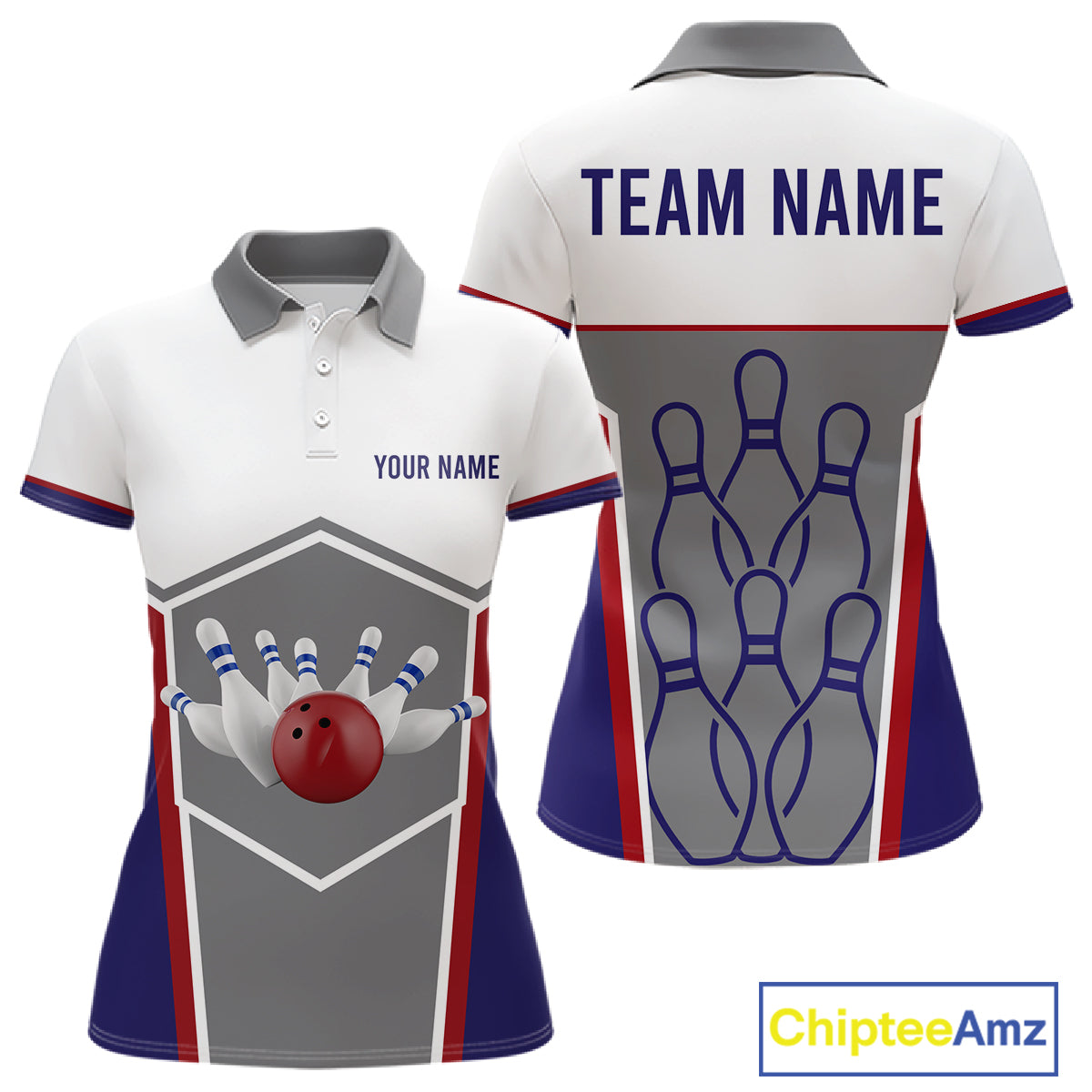 Red, Blue And Gray Bowling Pin Jerseys For Women Custom Bowling Polo 1/4-Zip Shirt, Gift For Bowlers NYN3125