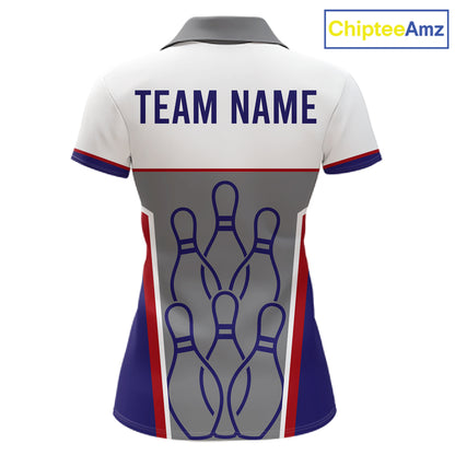 Red, Blue And Gray Bowling Pin Jerseys For Women Custom Bowling Polo 1/4-Zip Shirt, Gift For Bowlers NYN3125