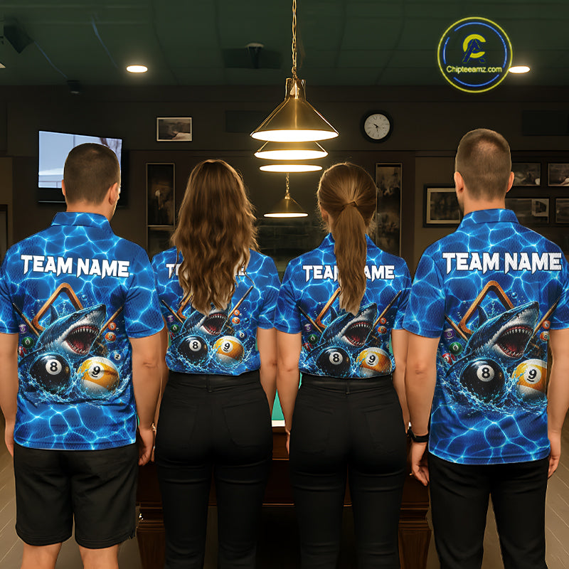 Lightning Blue Waving Funny Shark Women Billiard Shirts Custom 8 Ball & 9 Ball Billiard Team Jersey NYN3305