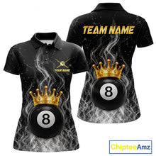 Load image into Gallery viewer, Personalized gold crown 8 ball billiard polo shirt for women with fire flame design