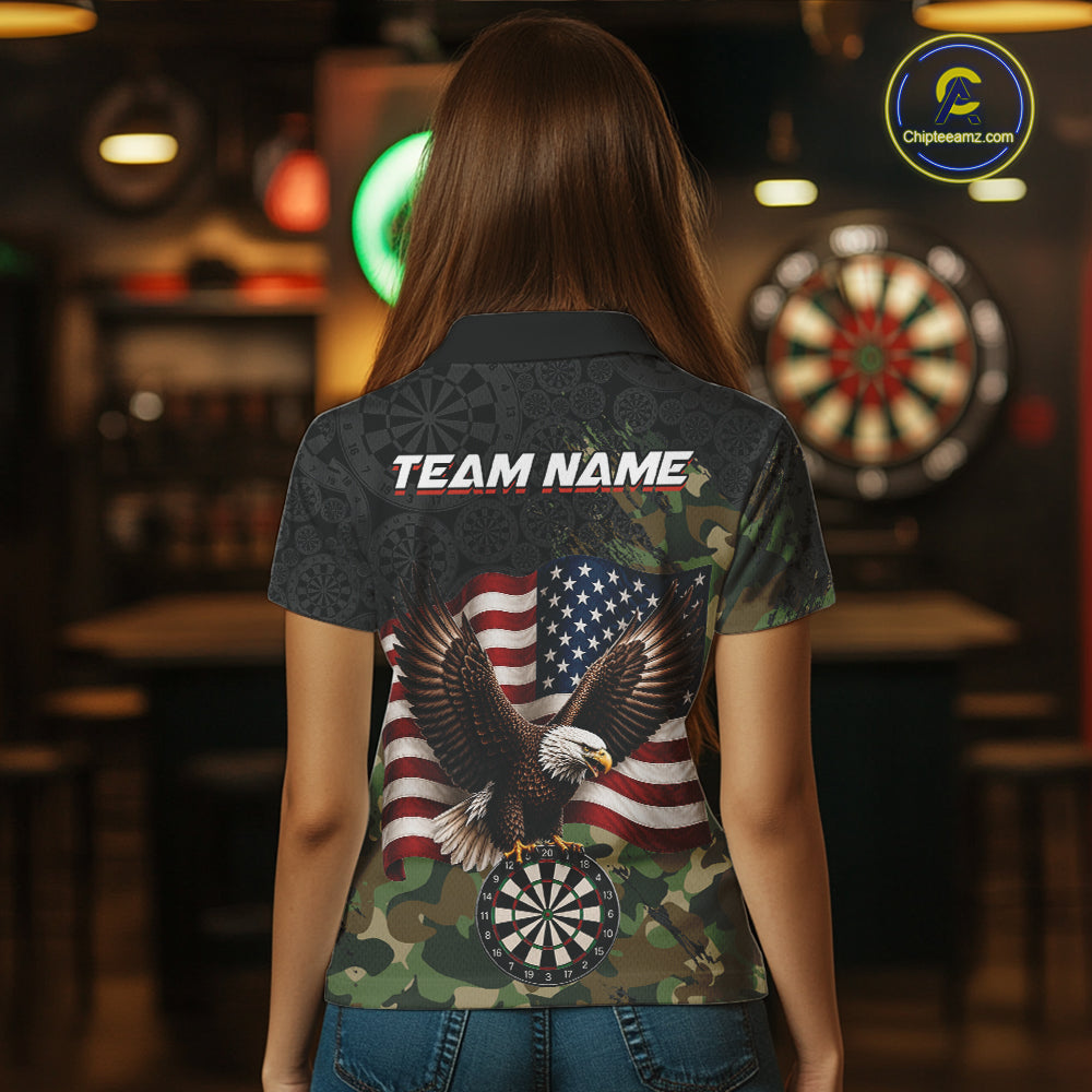 Female model wearing Green Camouflage Eagle American Flag darts polo shirt during tournament, personalized patriotic team apparel, military inspired sportswear, confidence, leadership, outdoor lifestyle