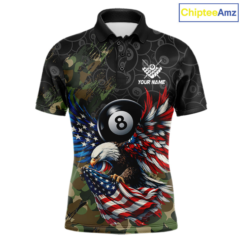 Custom Green Camouflage Eagle American Flag Men's Billiard Polo Shirt, Personalized Tactical Billiard Team Jersey, Performance Cue Sports Apparel, Patriot League Uniform
