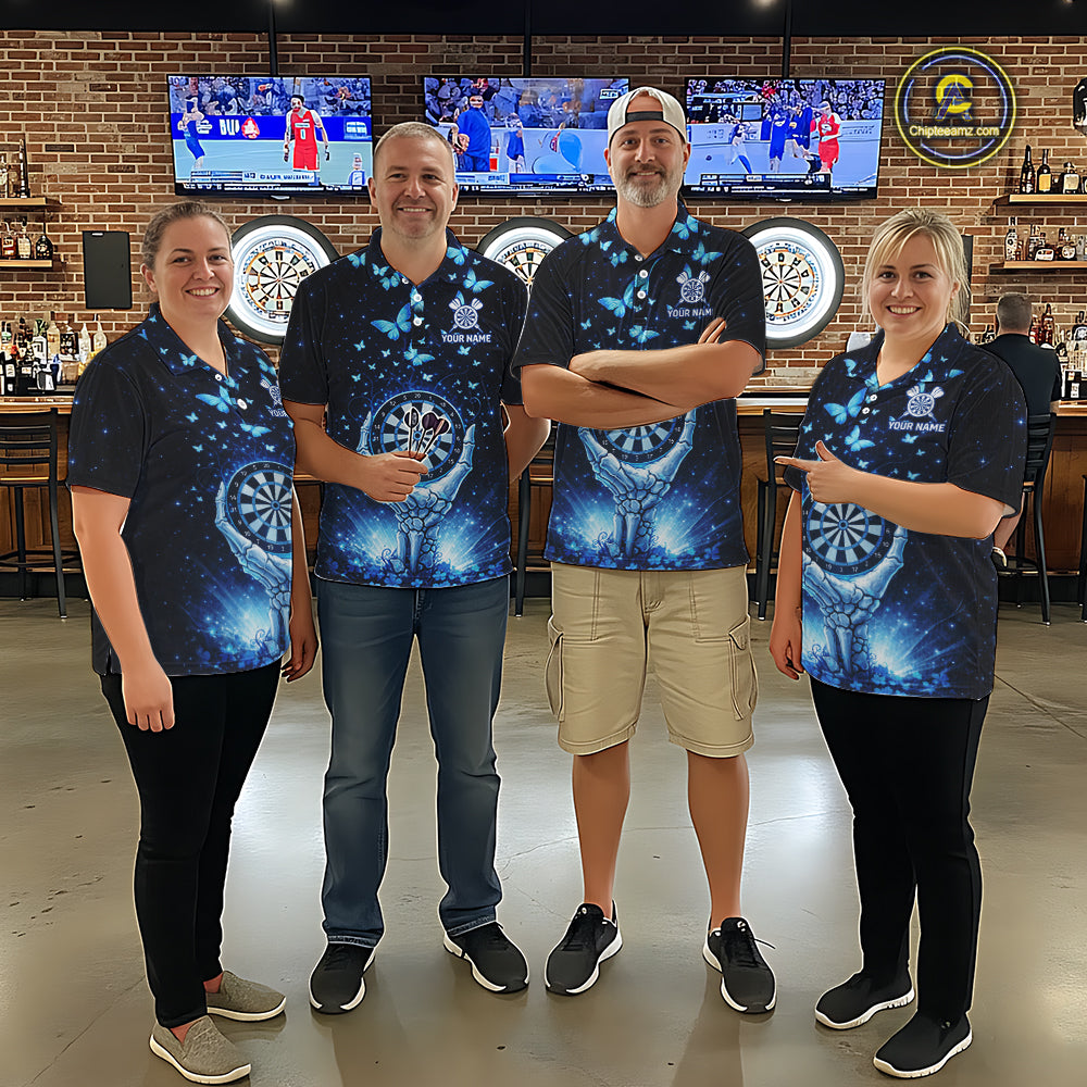 Blue Light Butterflies Skull Dartboard Custom Men Darts Polo Shirts Dart League Jerseys NYN2263