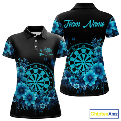 Blue Flowers & Butterfly Dartboard Custom Women Darts Polo Shirts Dart League Jerseys NYN2265