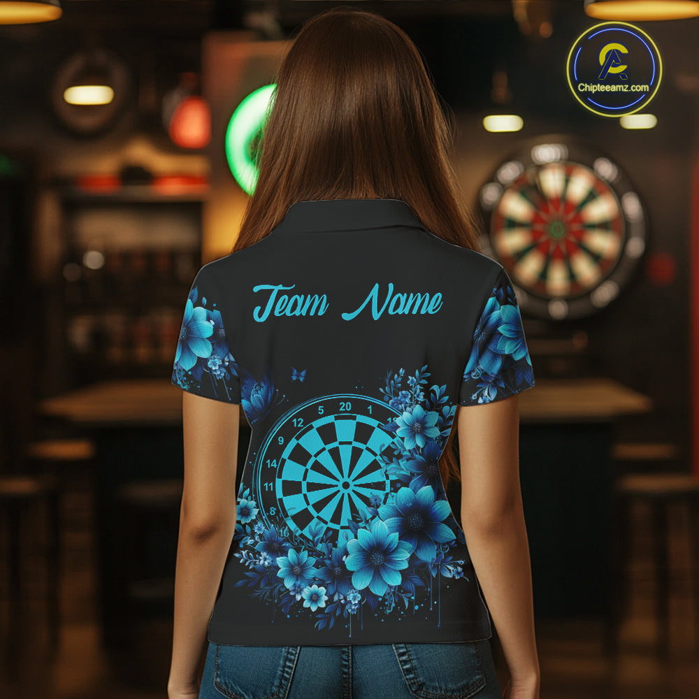 Blue Flowers & Butterfly Dartboard Custom Women Darts Polo Shirts Dart League Jerseys NYN2265