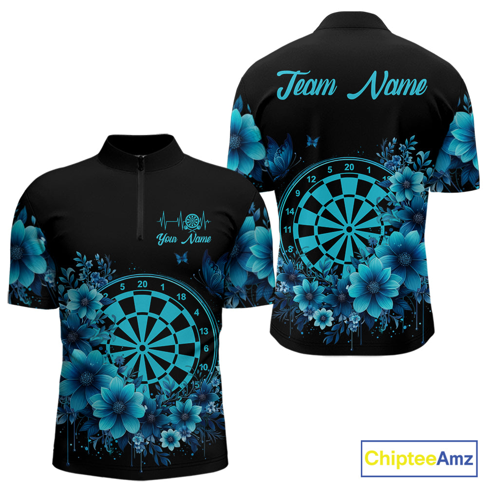 Blue Flowers & Butterfly Dartboard Custom Men Darts Quarter-Zip Shirts Dart League Jerseys NYN2265