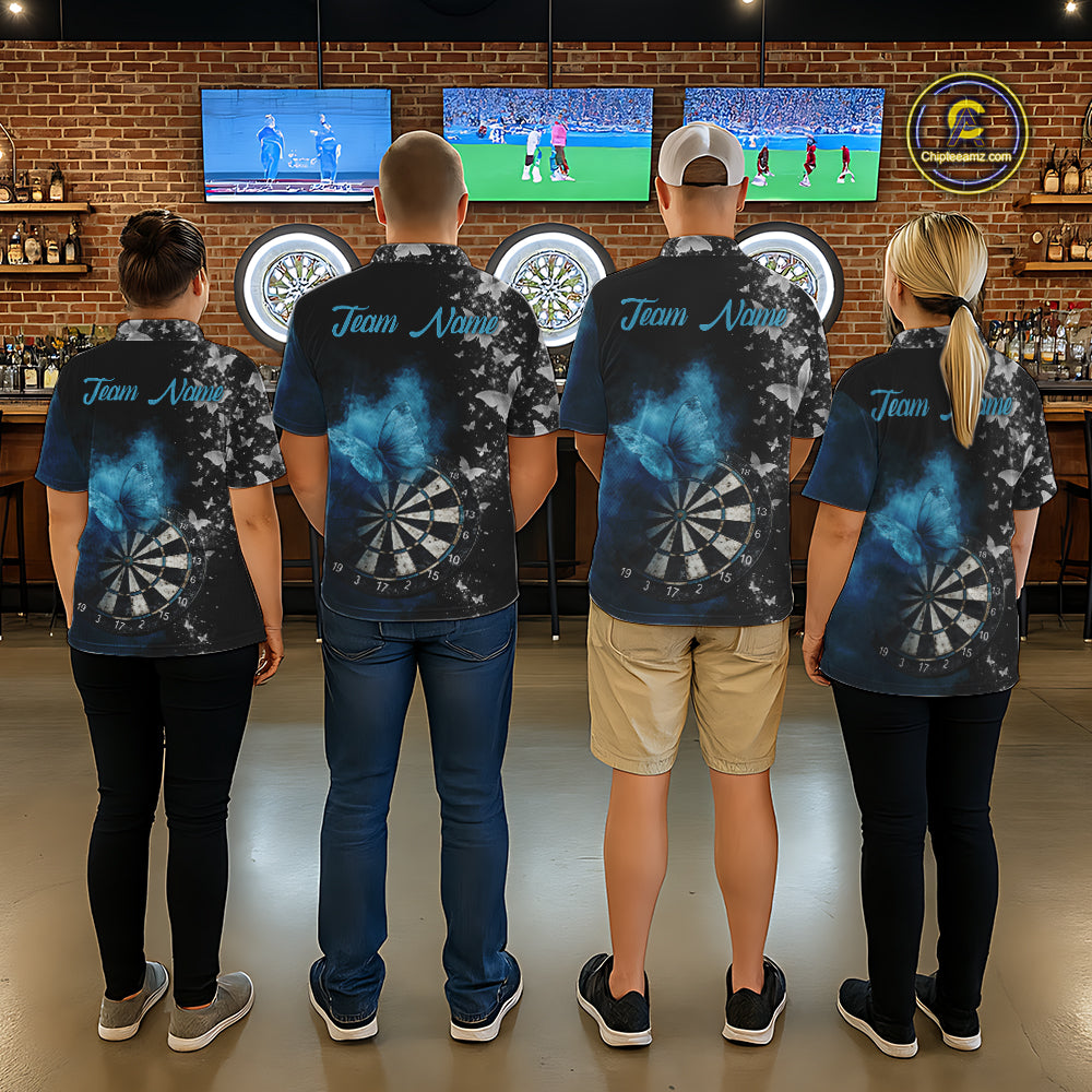 Custom Silver Butterfly Blue Smoking Grunge Dartboard Men Darts Quarter-Zip Shirts Dart Jerseys NYN2266