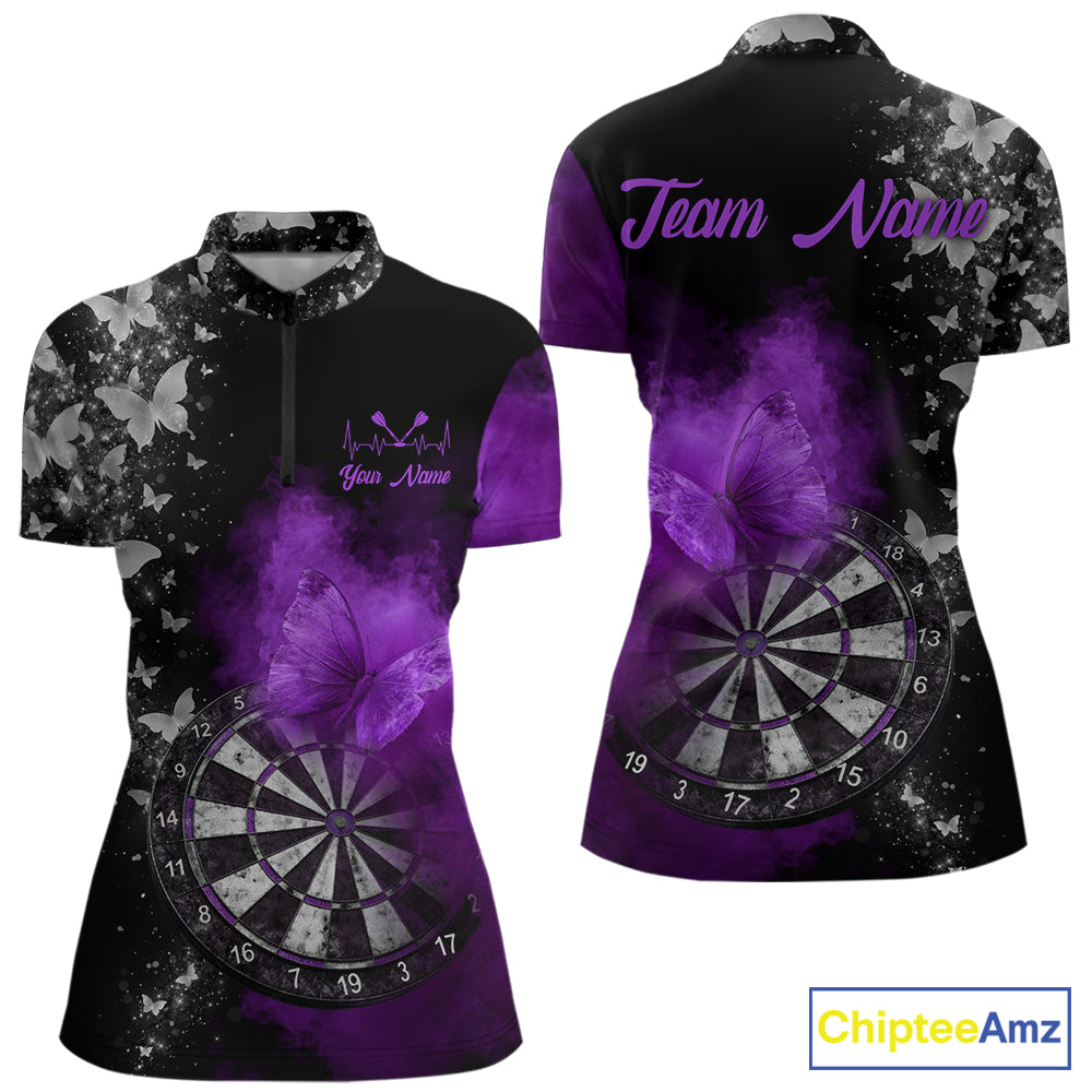 Custom Silver Butterfly Purple Smoking Grunge Dartboard Women Darts Quarter-Zip Shirts Dart Jerseys NYN2268