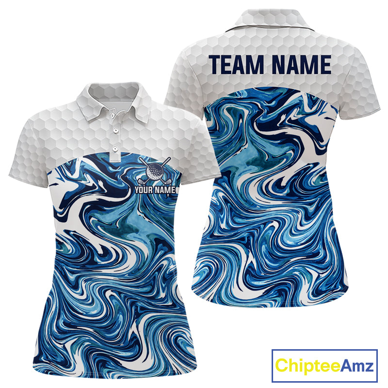 Women Golf Clothing Blue Fluid Pattern Golf Polo Shirt Custom White Golf Ball Golf Upf Shirts NYN2929