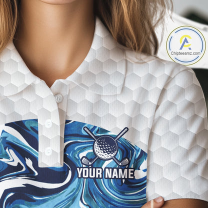 Women Golf Clothing Blue Fluid Pattern Golf Polo Shirt Custom White Golf Ball Golf Upf Shirts NYN2929