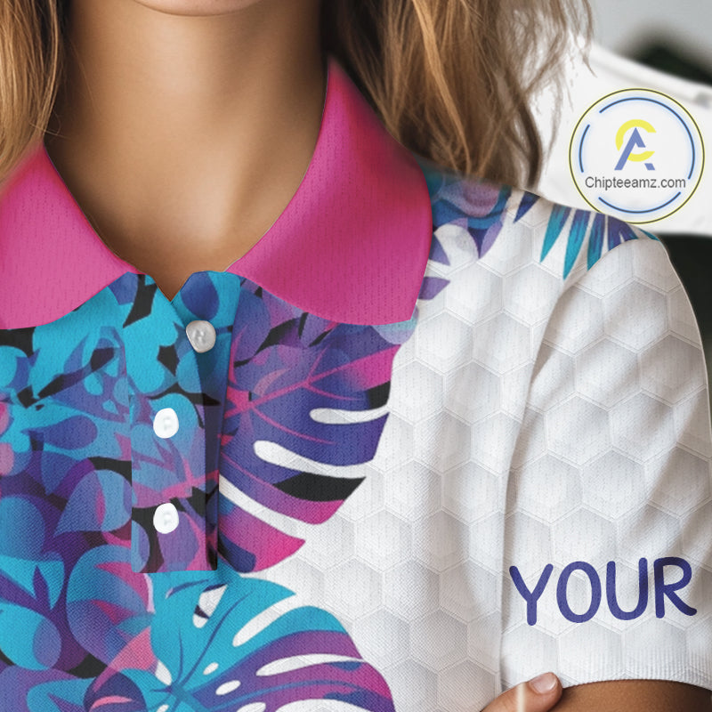 Womens Golf Clothing Monstera Pattern Floral Golf Shirt Custom Women White Golf Polo Best Golf Gifts NYN2936