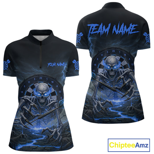 Lightning Blue Skeleton Dartboard Custom Women Quarter-Zip Dart Shirt Gifts For Dart Players NYN1766