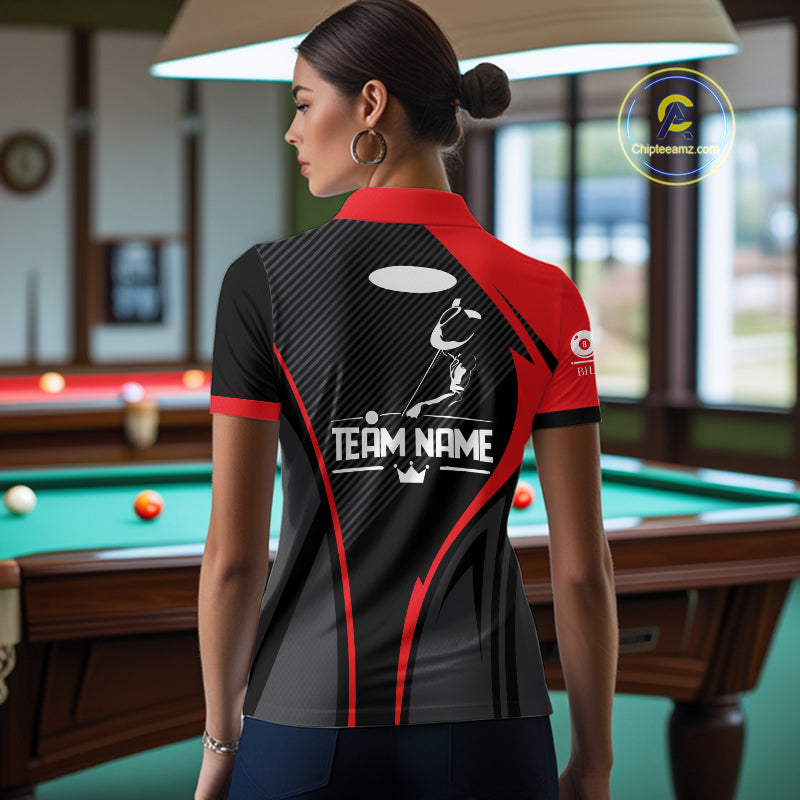 Black And Red Human Play Pool 8 Ball Women's Billiard Shirt Custom Billiard Team League Attire NYN2556