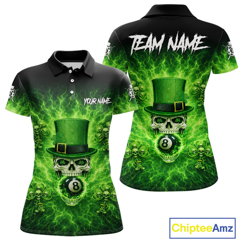 Flaming Shamrock Skull Pool 8 Ball Women's Billiard Shirt Custom St Patrick's Day Billiard Team Attire NYN2561
