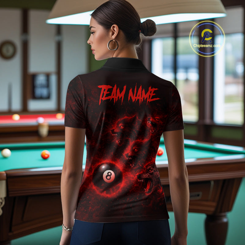 Horror Wolfs Red Flames Smoke Pool 8 Ball Women's Billiard Shirt Custom Ball Billiard Team Attire NYN2562