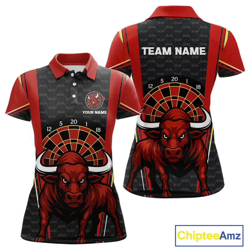 Red Powerful Bull Darts Dartboard Shirt For Women - Custom Team & Player Name NYN0359