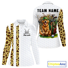 Load image into Gallery viewer, 	Golden retriever golf shirt with yellow leopard splatter funny golf polo long sleeve for women