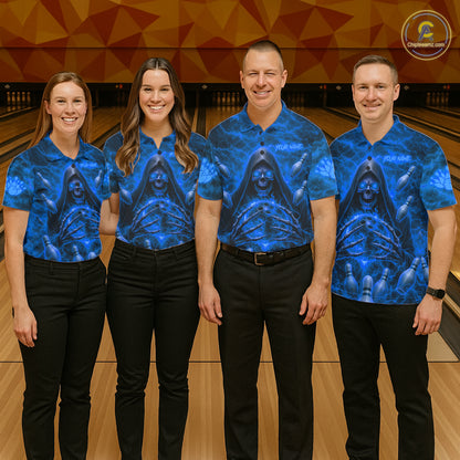 Men women bowling team wearing Blue Lightning Thunder Skull Reaper custom bowling jerseys matching bowling league uniforms tournament apparel