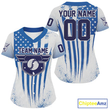 Load image into Gallery viewer, Custom Blue And White Patriotic Baseball Ball Shirt For Women US Flag Baseball Team Jerseys NYN1512
