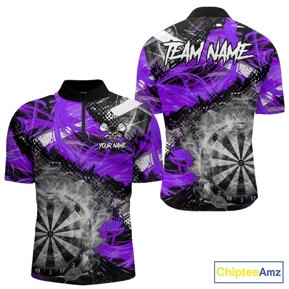 Purple & Grey Smokes Dartboard Custom Men Darts Quarter-Zip Shirts Grunge Dart League Jerseys NYN2278