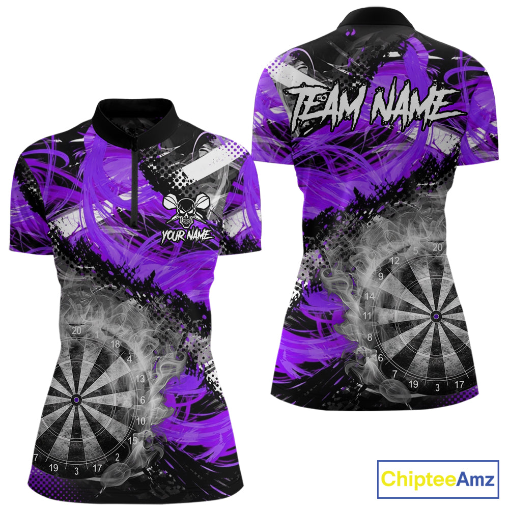 Purple & Grey Smokes Dartboard Custom Women Darts Quarter-Zip Shirts Grunge Dart League Jerseys NYN2278