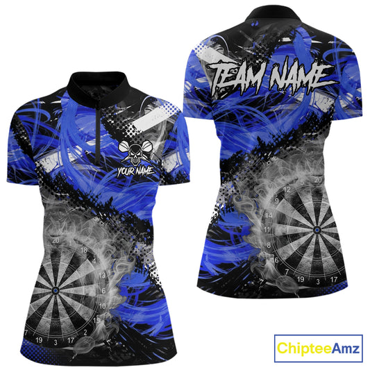Blue & Grey Smokes Dartboard Custom Women Darts Quarter-Zip Shirts Grunge Dart League Jerseys NYN2280
